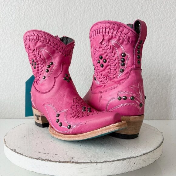 Lane COSSETTE Womens Cowboy Bootie 7 Hot Pink Leather Western Short Ankle Boots - Picture 1 of 12